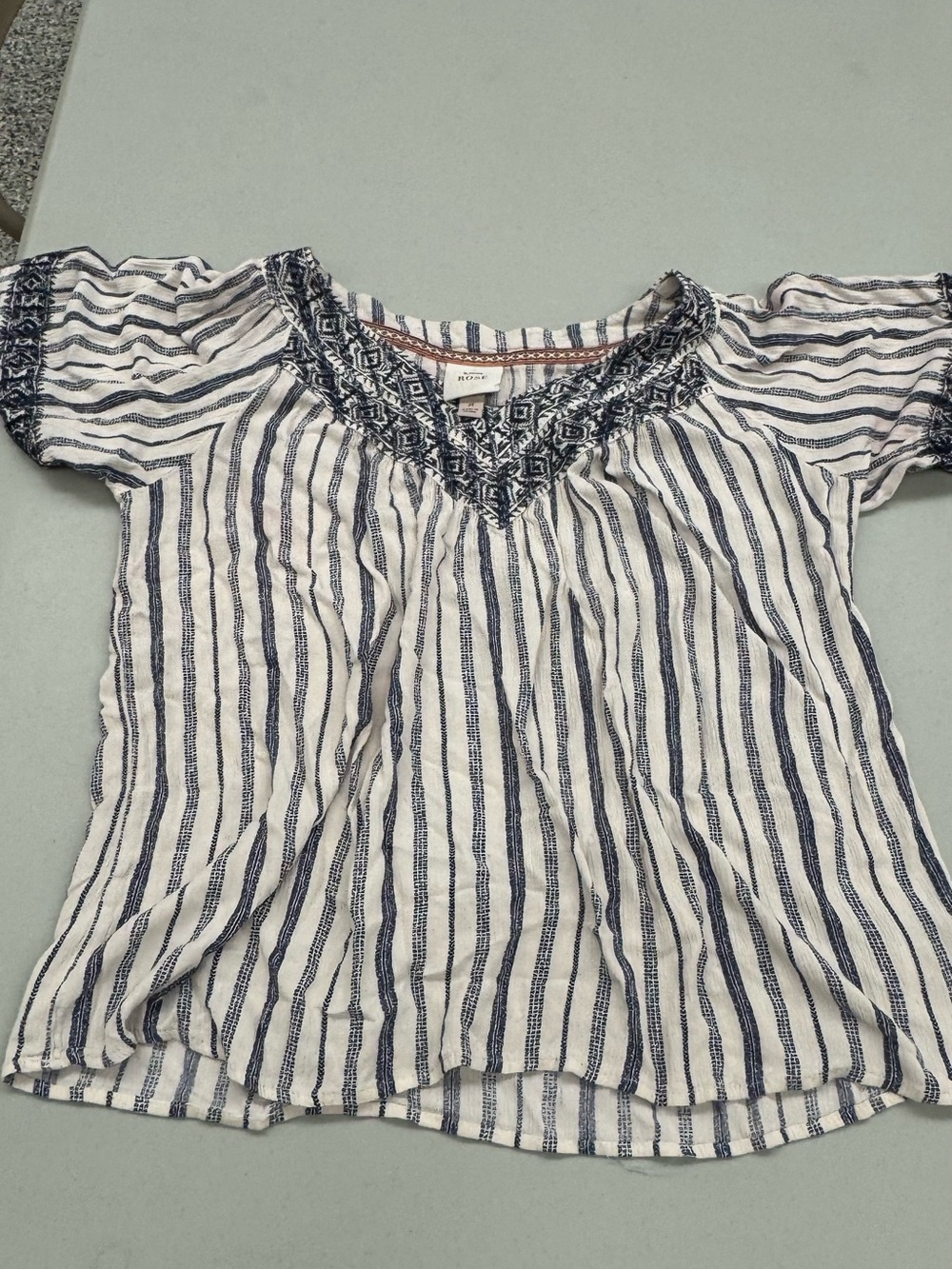 Knox Rose White & Navy Striped V-Neck Shirt with Embroidered Yoke